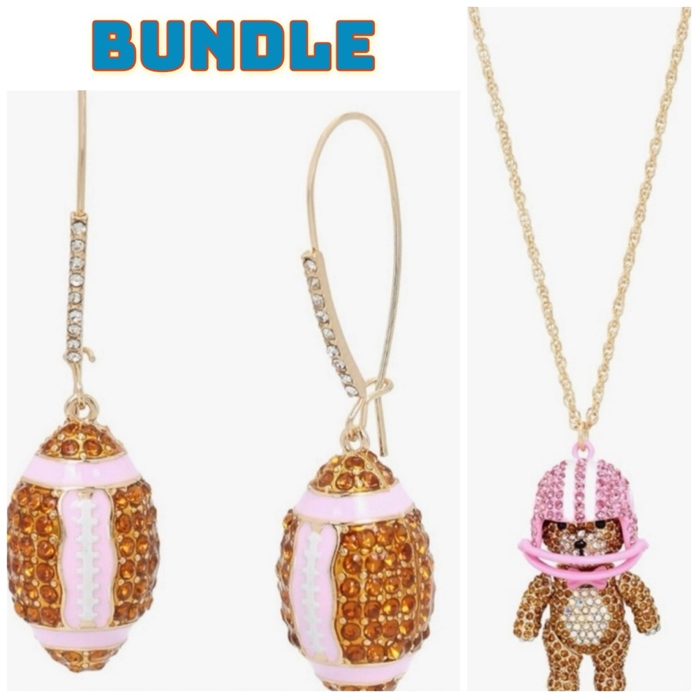 💫🏈 Betsey Johnson Womens Football Bear Pendant Necklace & Earrings 🔥 BUNDLE🔥NEW